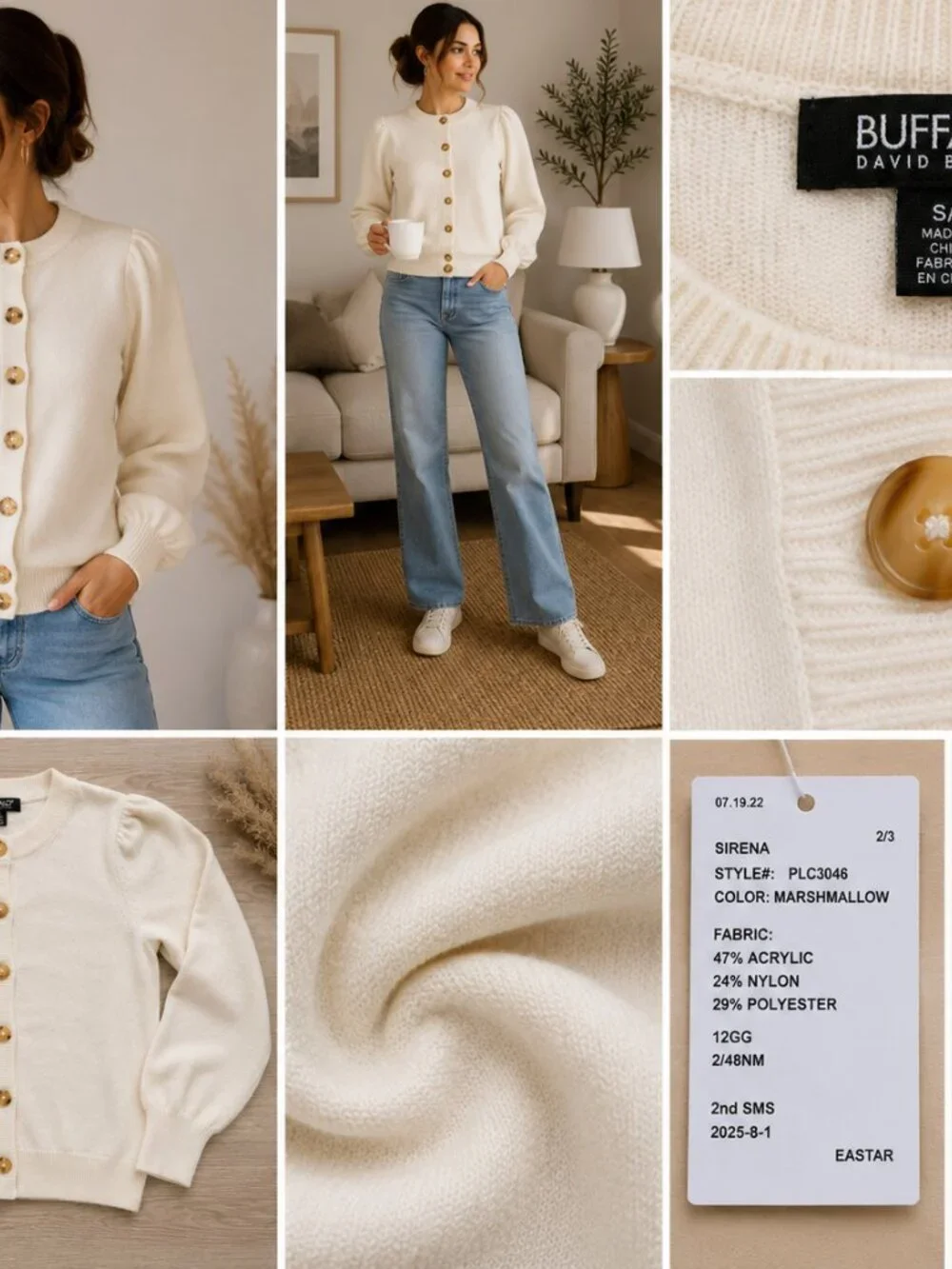 Buffalo David Bitton Cream Puff Sleeve Button Cardigan Sweater NWT Size Small - Picture 2 of 3